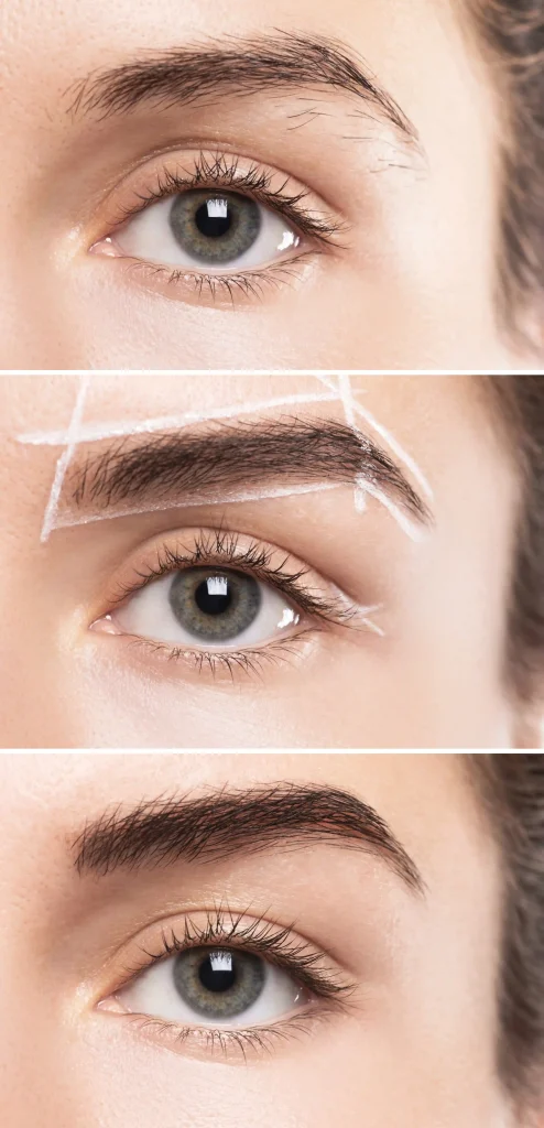 Comparaison des sourcils féminins avant et après la correction de la forme des sourcils et le maquillage permanent par Lala K